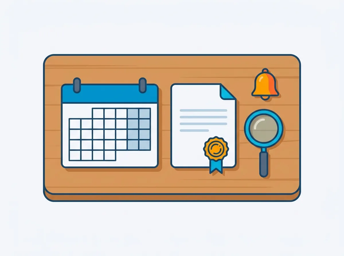 Ilustração de uma mesa de trabalho com calendário, documento de patente com selo, lupa e sino: o acompanhamento de marcas e patentes no INPI