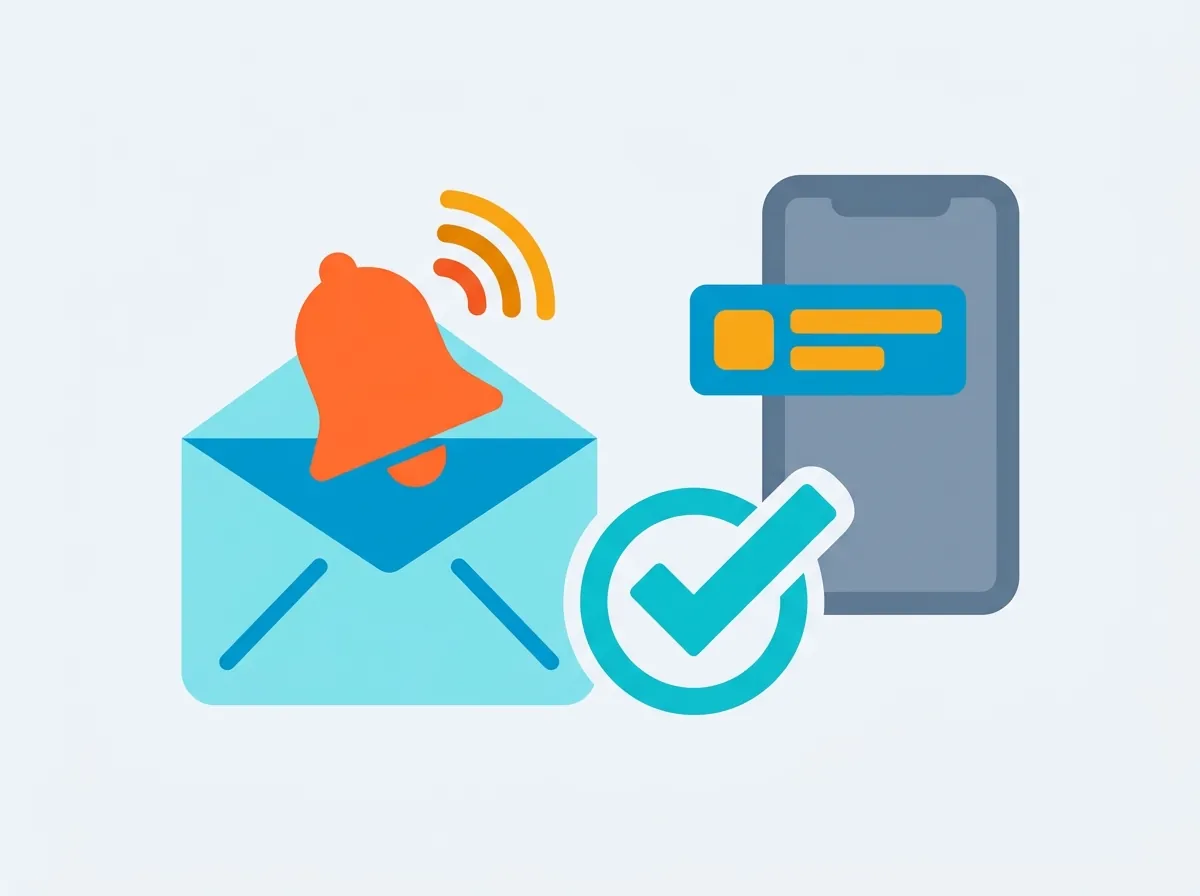 Ilustração de um e-mail com um sino de alerta e uma notificação no celular avisando do prazo