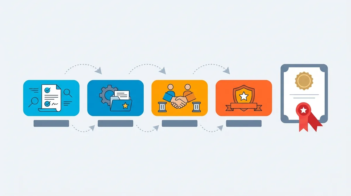 Ilustração de um caminho em quatro etapas até um certificado com selo: o percurso do registro de uma marca no INPI