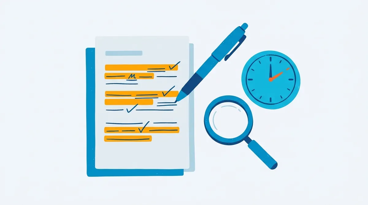 Ilustração de um documento com pontos destacados sendo corrigido, com lupa e relógio: a resposta a uma exigência técnica do INPI