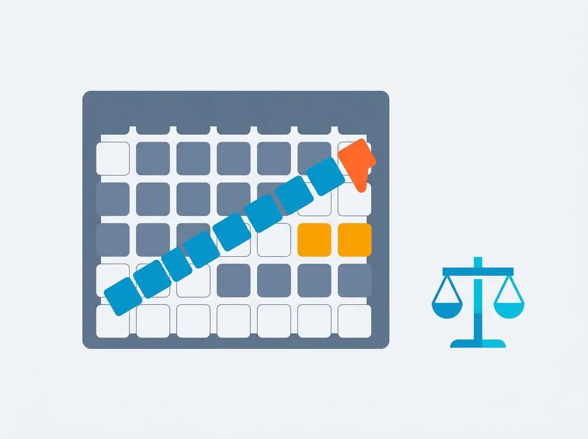 Ilustração de um calendário com os dias contados até o vencimento do prazo do INPI e uma balança ao lado