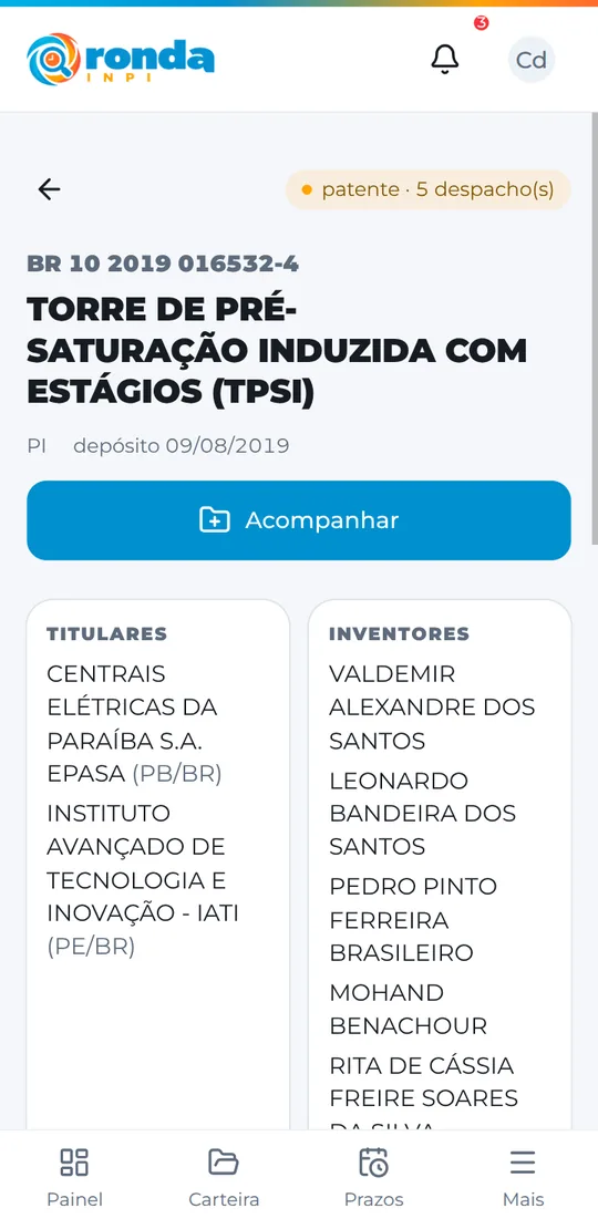 Ficha de um processo de patente no Ronda INPI no celular: o prazo aberto em destaque, os titulares e a linha do tempo dos despachos