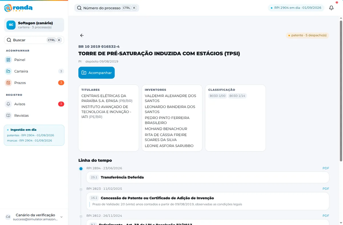 Ficha de um processo de patente no Ronda INPI no computador: o prazo aberto em destaque, os titulares e a linha do tempo com cada despacho da RPI