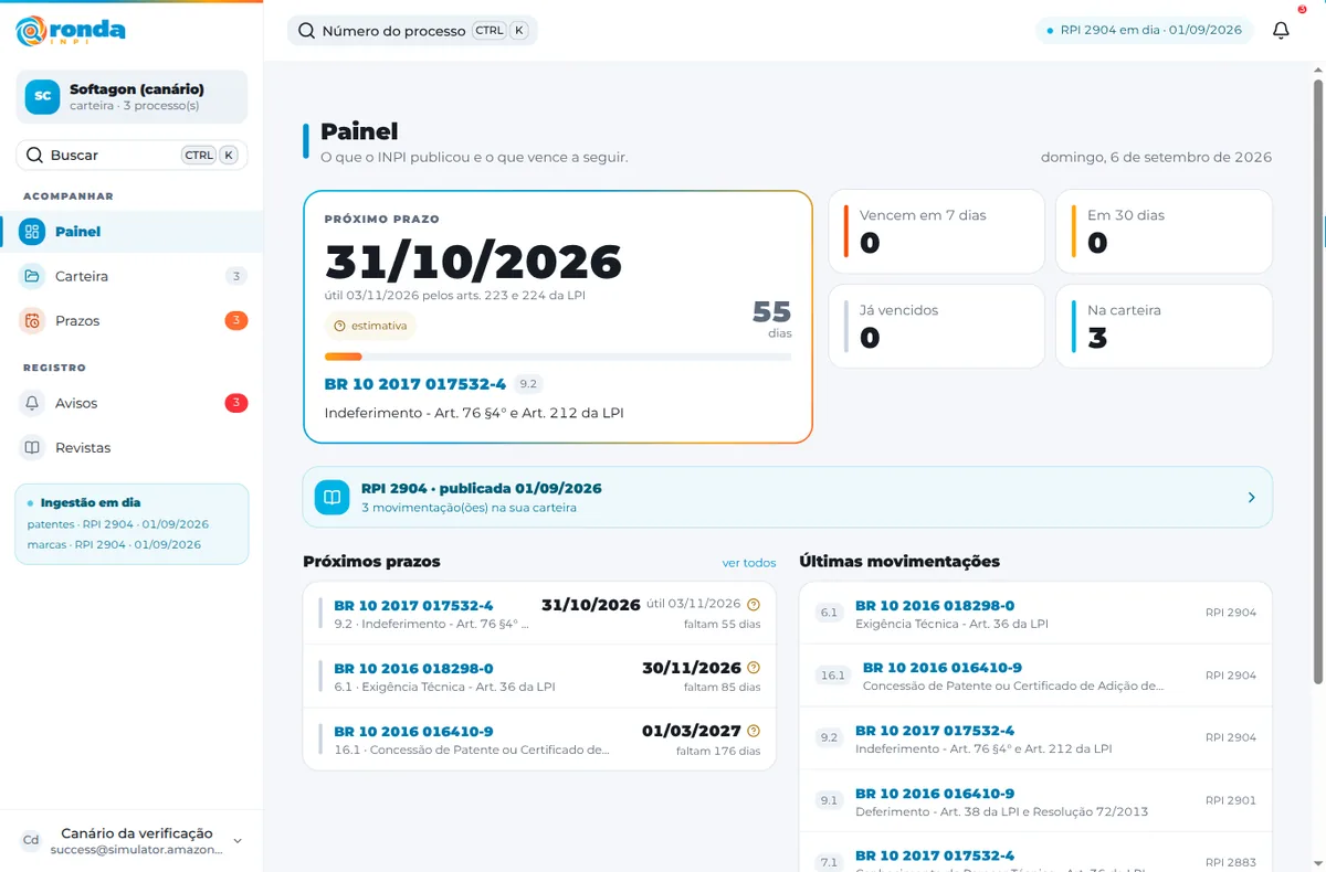 Painel do Ronda INPI no computador: o próximo prazo em destaque, os contadores de 7 e 30 dias, a RPI da semana e as últimas movimentações da carteira